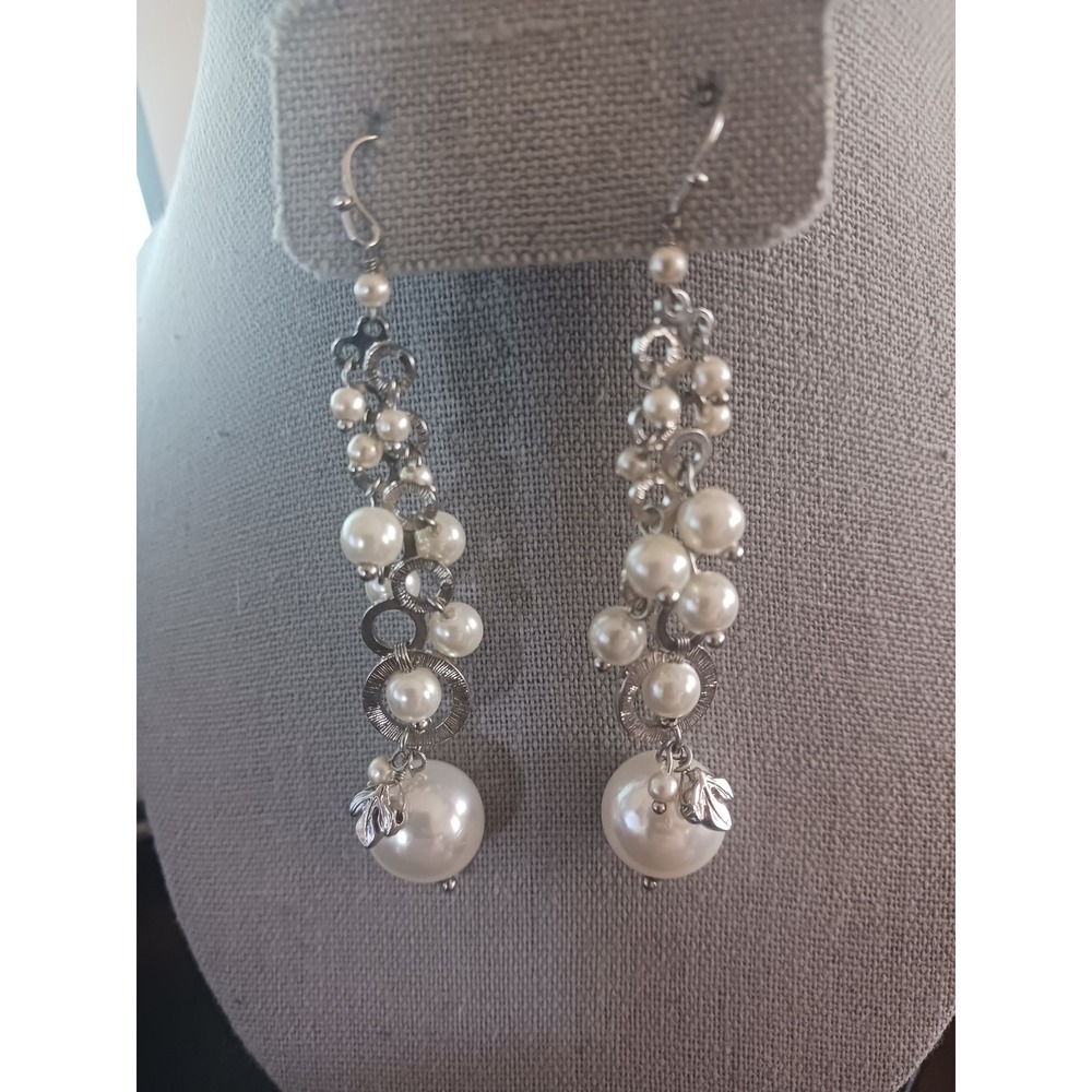 Silver Tone Faux Pearl Cluster Long Drop Chandelier Earrings with Leaf Charms